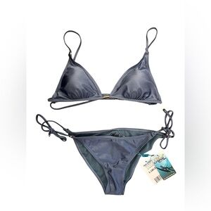 Heat Solids Steel Metallic Blue Triangle Women's Bikini w/ Tie Side Bottom Set